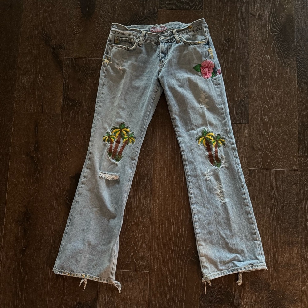 Y2K Miss Me Womens Sz 30 Embroidered Lowrise Flare Distressed Jeans Aloha Froral